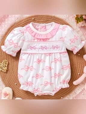NWOT 0-3 Months Pink Bow-Print Baby Bubble Romper